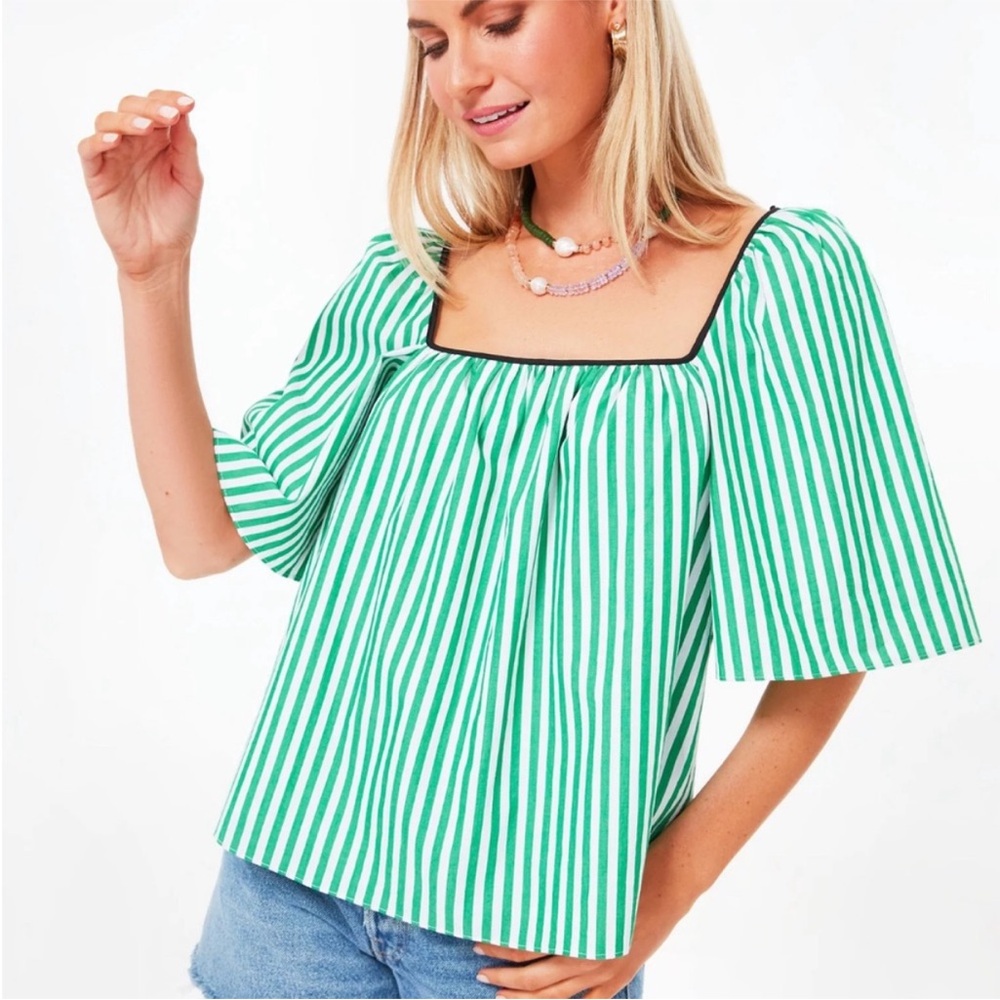 TUCKERNUCK Pomander Place Green and White Stripe Celia Top Size XS